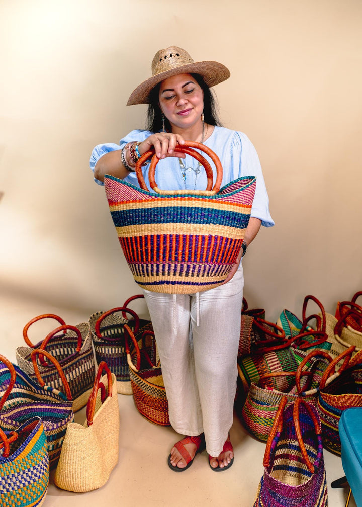 Blue Stripe: Large Multicolor Deluxe Bolga Basket from Ghana  Handmade African Basket, Eco-Friendly Market, Garden Basket, Gift-Ready