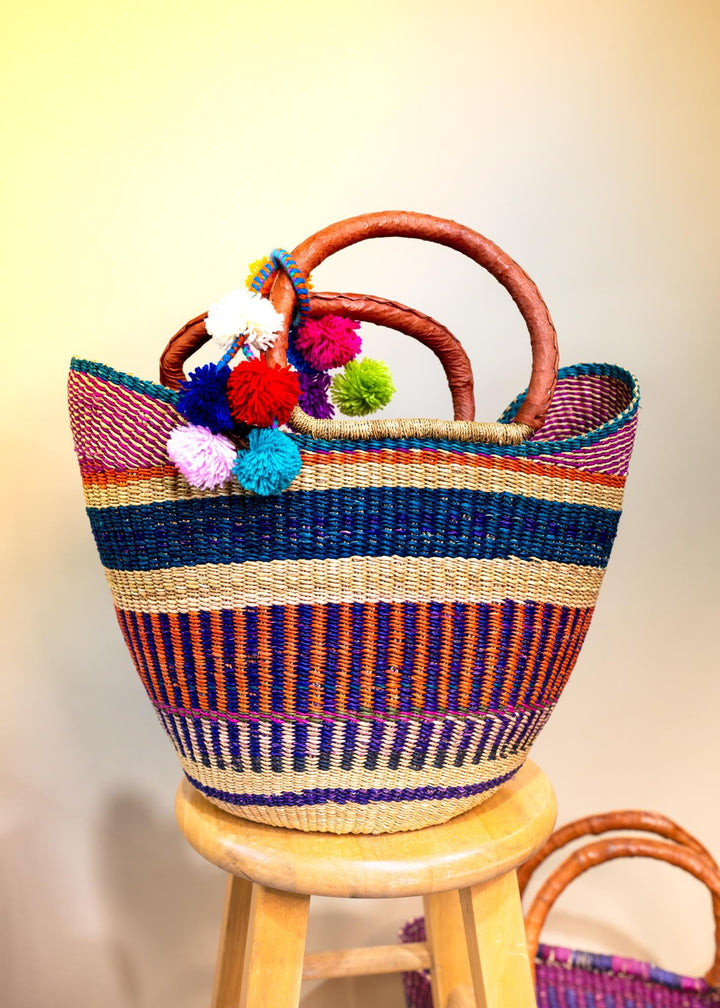 Blue Stripe: Large Multicolor Deluxe Bolga Basket from Ghana  Handmade African Basket, Eco-Friendly Market, Garden Basket, Gift-Ready