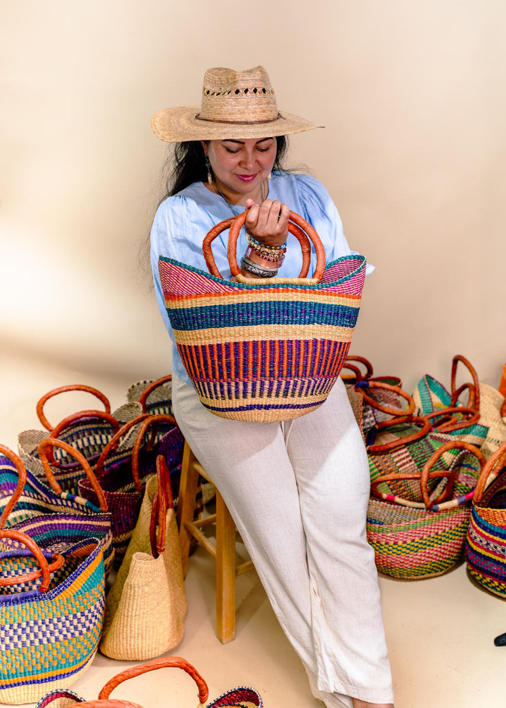 Blue Stripe: Large Multicolor Deluxe Bolga Basket from Ghana  Handmade African Basket, Eco-Friendly Market, Garden Basket, Gift-Ready