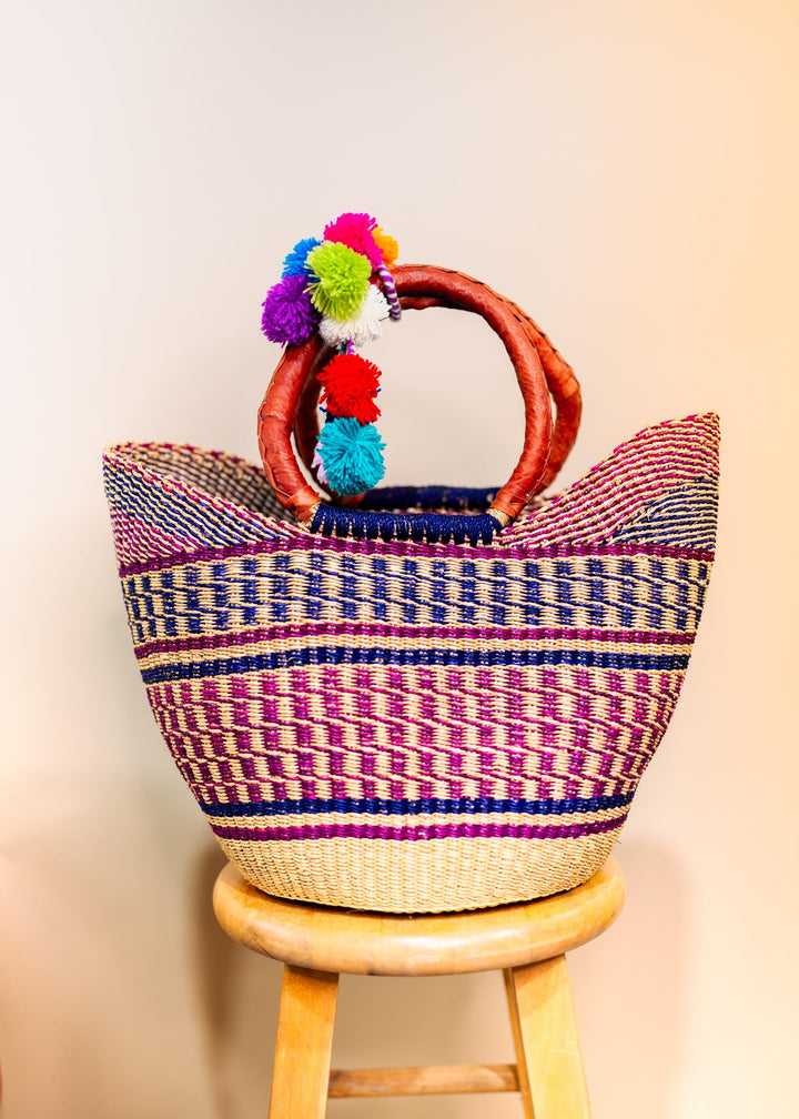 Emi: Large Multicolor Deluxe Bolga Basket from Ghana  Handmade African Basket, Eco-Friendly Market, Garden Basket, Gift-Ready