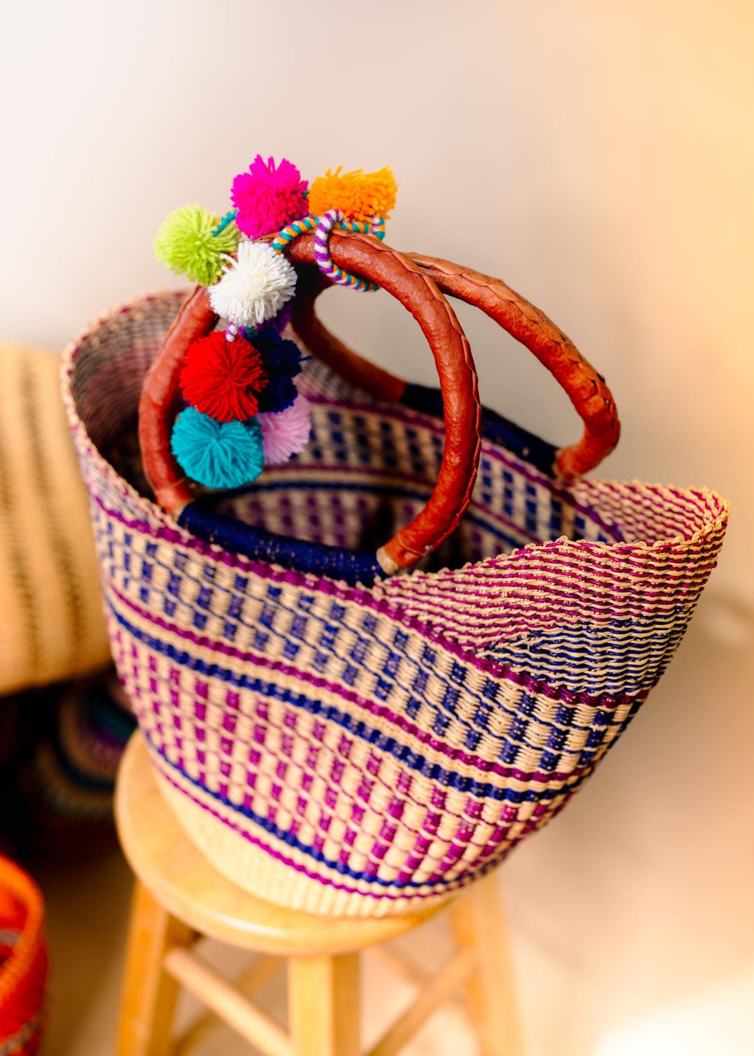 Emi: Large Multicolor Deluxe Bolga Basket from Ghana  Handmade African Basket, Eco-Friendly Market, Garden Basket, Gift-Ready