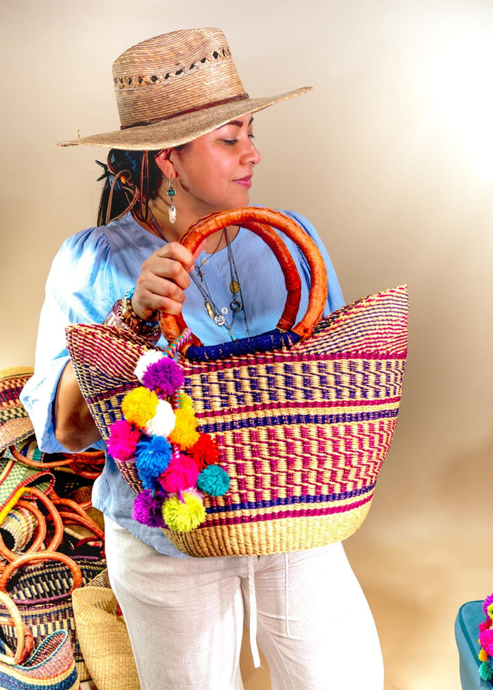 Emi: Large Multicolor Deluxe Bolga Basket from Ghana  Handmade African Basket, Eco-Friendly Market, Garden Basket, Gift-Ready