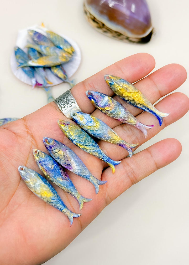 Marble Purple and Blue fish charms handmade from German resin featuring iridescent sardine pendants in coral and magenta tones. Perfect for ocean jewelry, mermaidcore accessories, coastal earrings, beach fashion, whimsical summer jewelry, and playful statement designs.