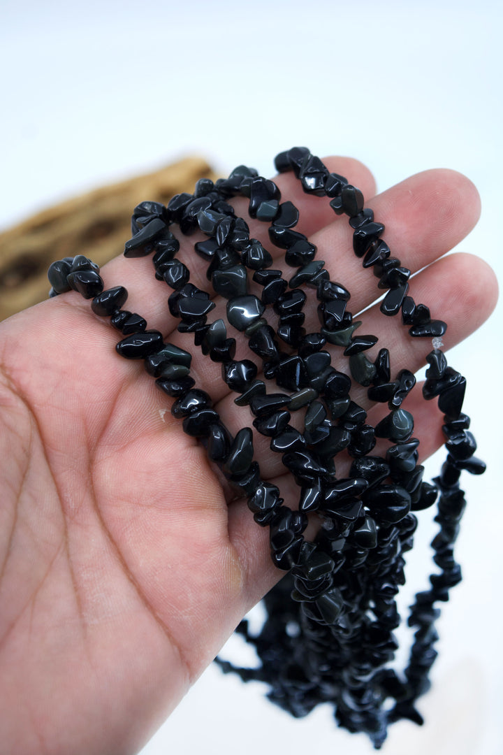 Black Obsidian Chips: Beautiful Natural Gemstone Chips, Mince Beads, 34" strand