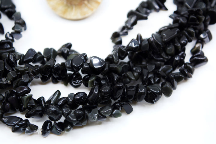 Black Obsidian Chips: Beautiful Natural Gemstone Chips, Mince Beads, 34" strand