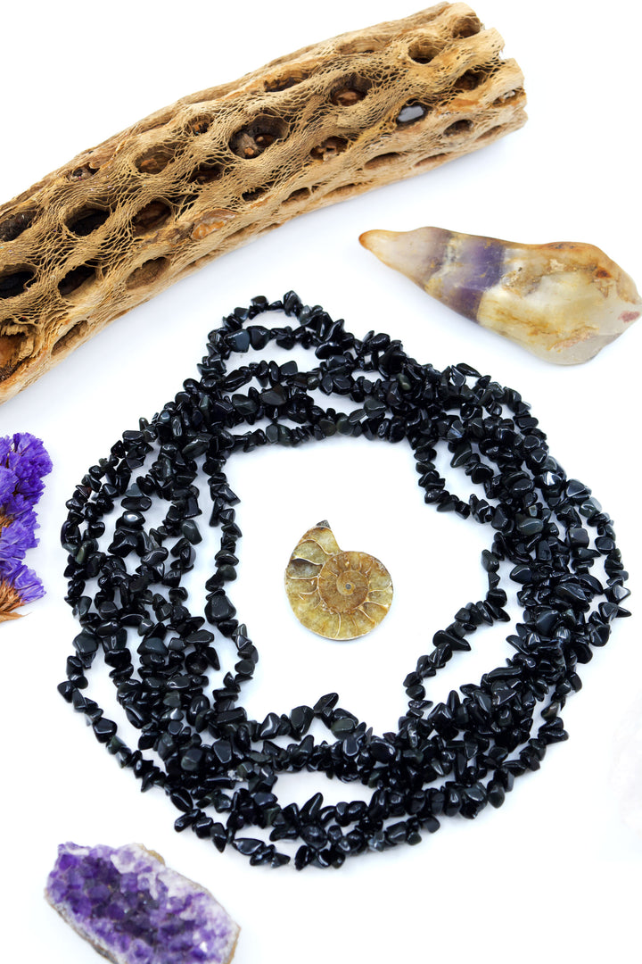 Black Obsidian Chips: Beautiful Natural Gemstone Chips, Mince Beads, 34" strand