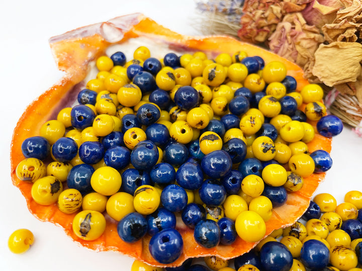 Beautiful display of blue and yellow acai beads displayed on a seashell.
