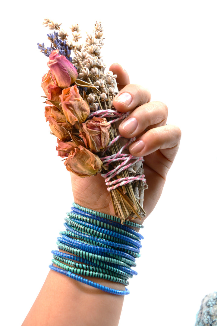 Blue and Jade Party Stack: 12 Recycled Flip Flop Bracelets, handmade by a women&