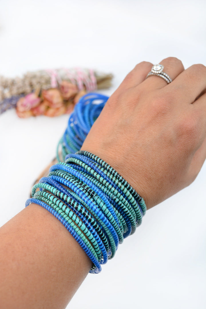 Blue and Jade Party Stack: 12 Recycled Flip Flop Bracelets, handmade by a women&