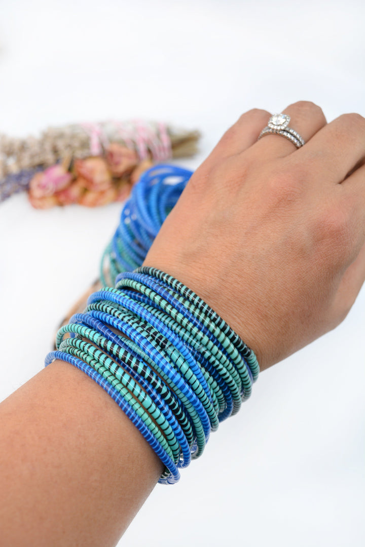 Blue and Jade Party Stack: 12 Recycled Flip Flop Bracelets, handmade by a women&
