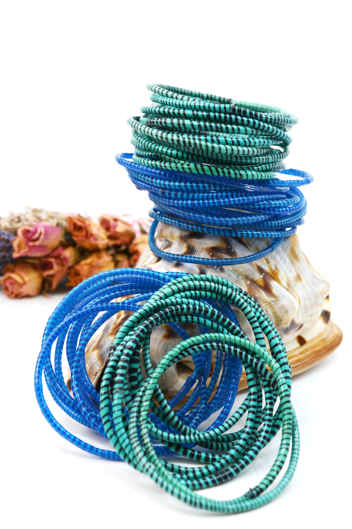 Blue and Jade Party Stack: 12 Recycled Flip Flop Bracelets, handmade by a women&