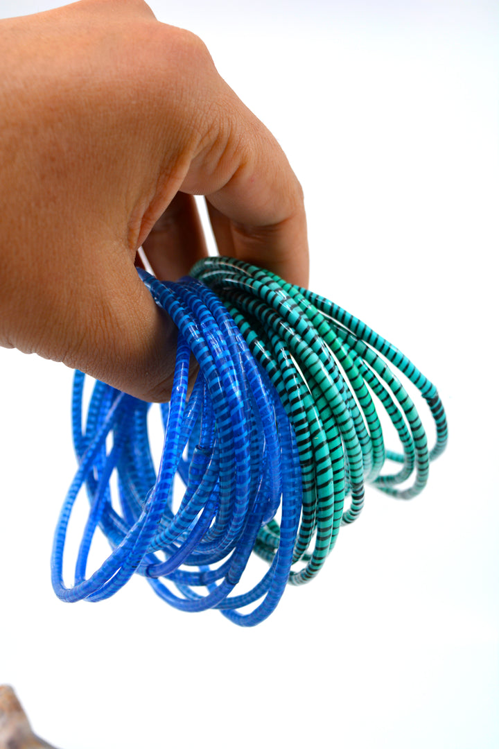 Blue and Jade Party Stack: 12 Recycled Flip Flop Bracelets, handmade by a women&