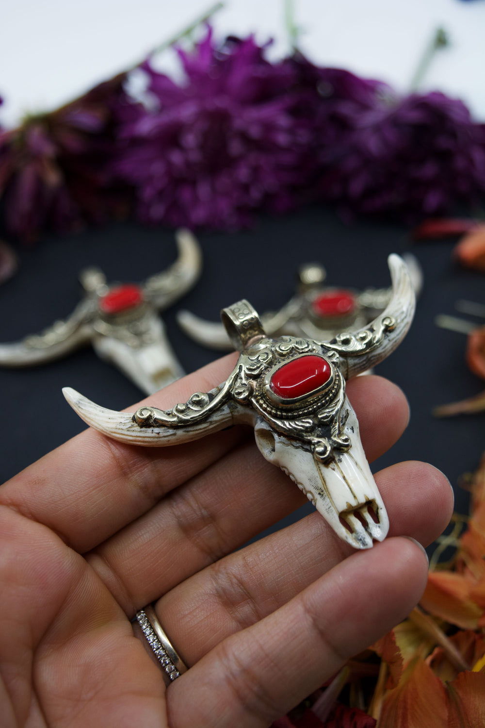 Third Eye: REC Large Bull Skull Pendant with Red Coral Center Stone, 3" wide