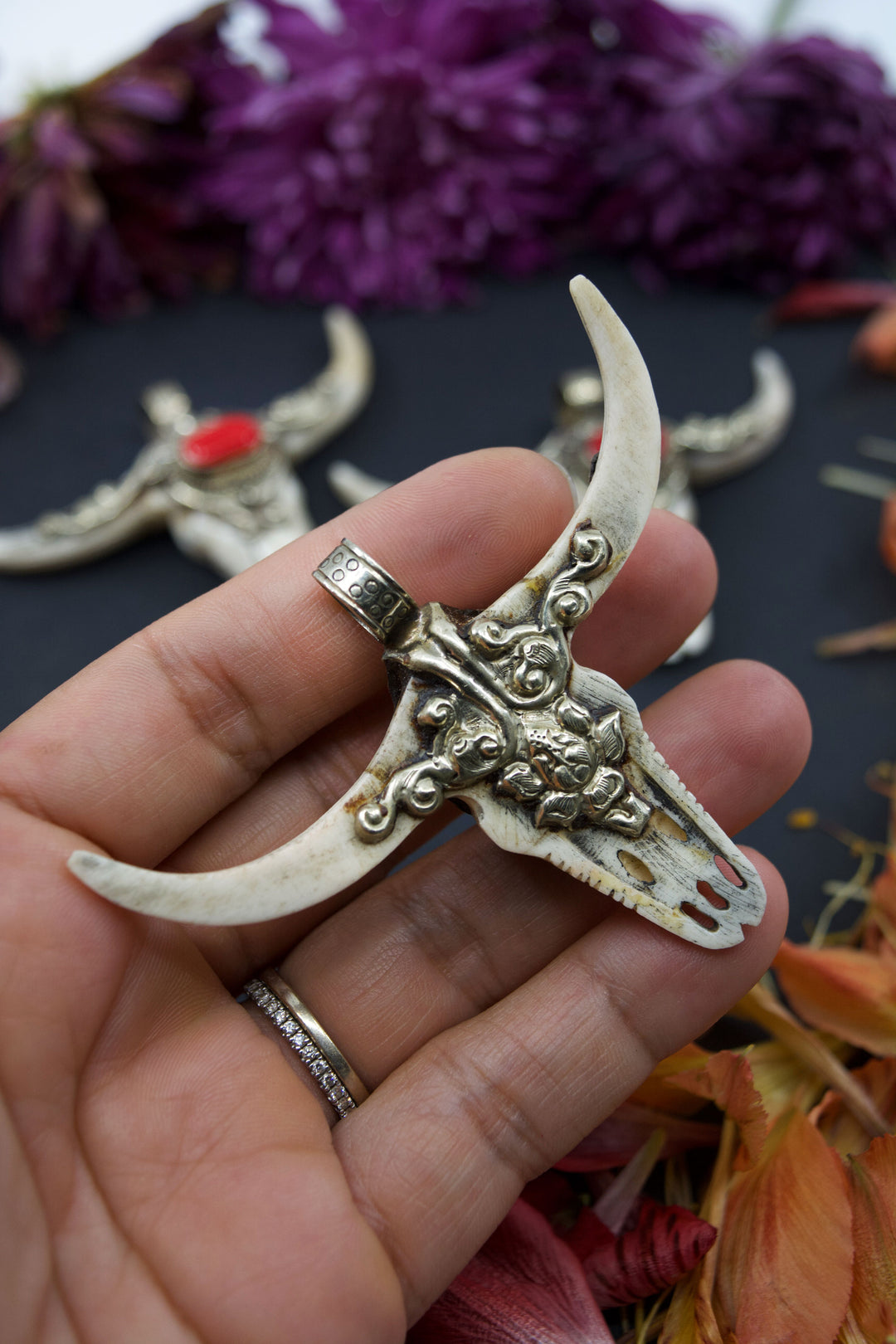 Third Eye: REC Large Bull Skull Pendant with Red Coral Center Stone, 3" wide