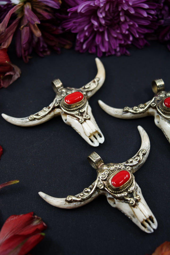 Third Eye: REC Large Bull Skull Pendant with Red Coral Center Stone, 3" wide,