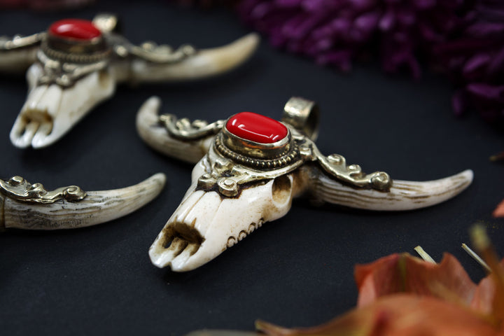 Third Eye: REC Large Bull Skull Pendant with Red Coral Center Stone, 3" wide