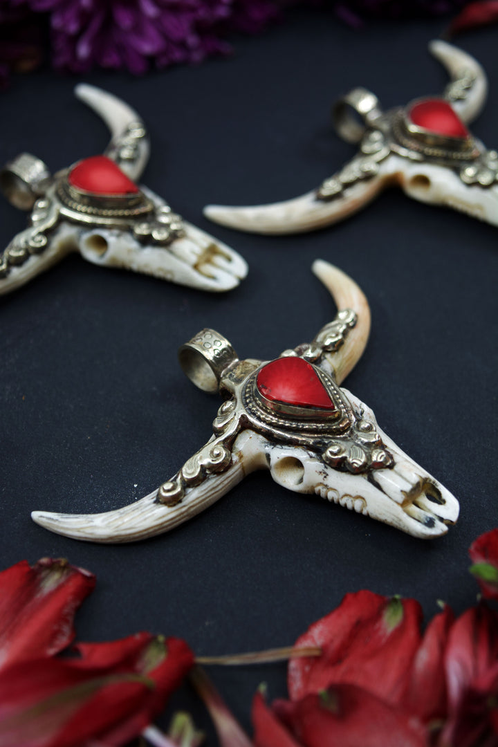 Third Eye: RACHEL Large Bull Skull Pendant with Red Coral Center Stone, 3" wide