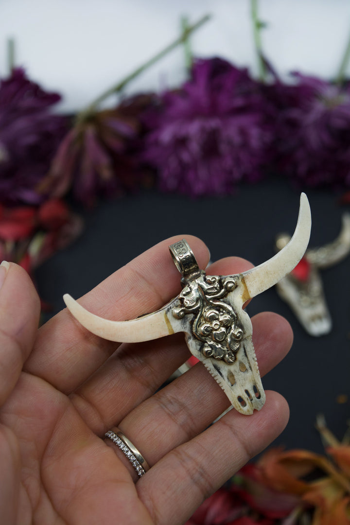 Third Eye: RACHEL Large Bull Skull Pendant with Red Coral Center Stone, 3" wide