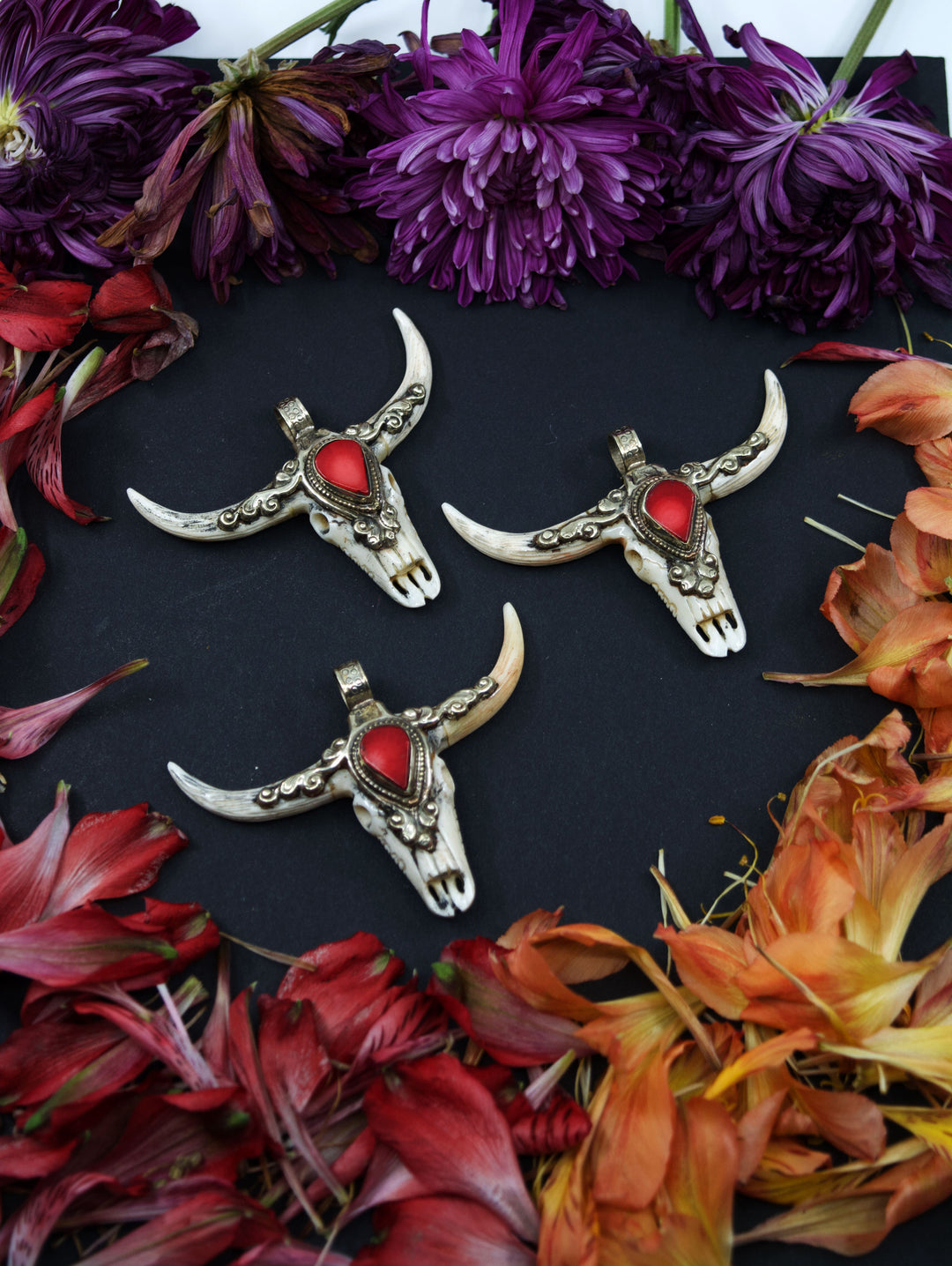 Third Eye: RACHEL Large Bull Skull Pendant with Red Coral Center Stone, 3" wide
