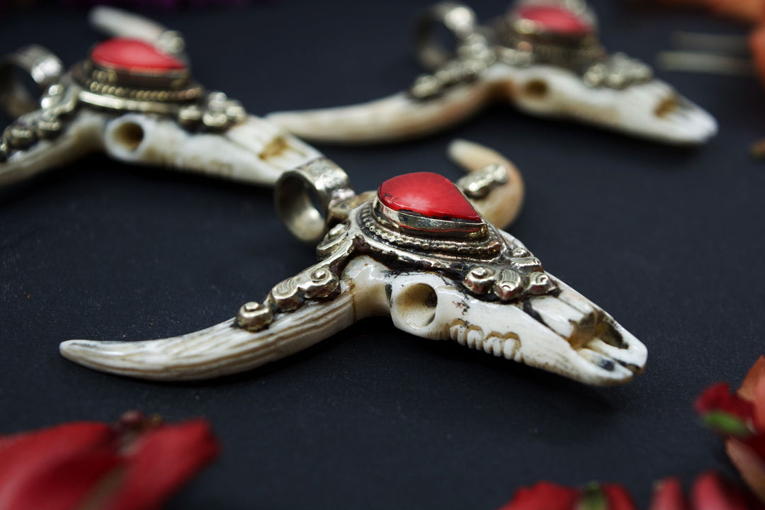 Third Eye: RACHEL Large Bull Skull Pendant with Red Coral Center Stone, 3" wide
