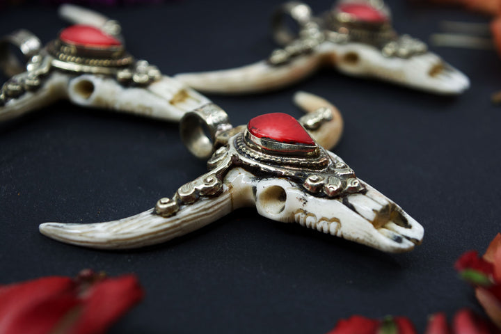 Third Eye: RACHEL Large Bull Skull Pendant with Red Coral Center Stone, 3" wide