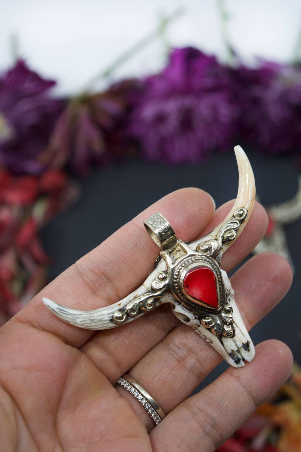 Third Eye: RACHEL Large Bull Skull Pendant with Red Coral Center Stone, 3" wide