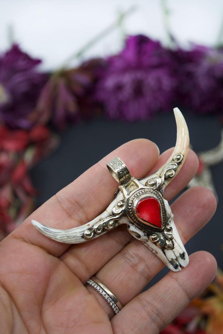 Third Eye: RACHEL Large Bull Skull Pendant with Red Coral Center Stone, 3" wide