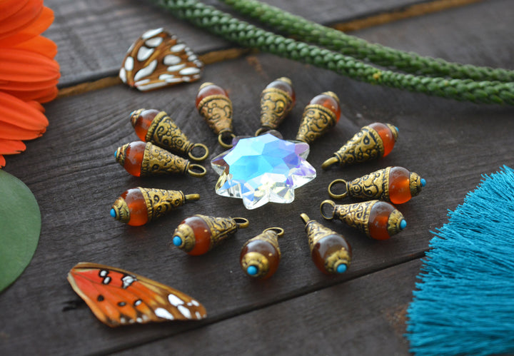 Caramel Amber Nepali Tear Drop Pendant with Brass Cap, 10x26mm, 1 piece