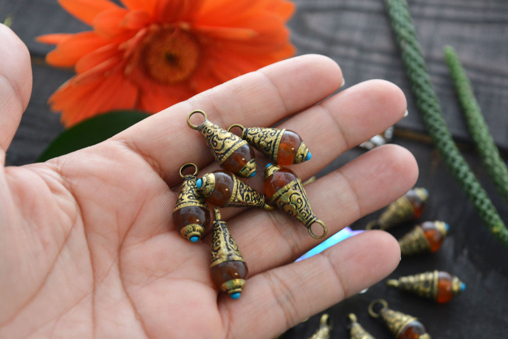 Caramel Amber Nepali Tear Drop Pendant with Brass Cap, 10x26mm, 1 piece