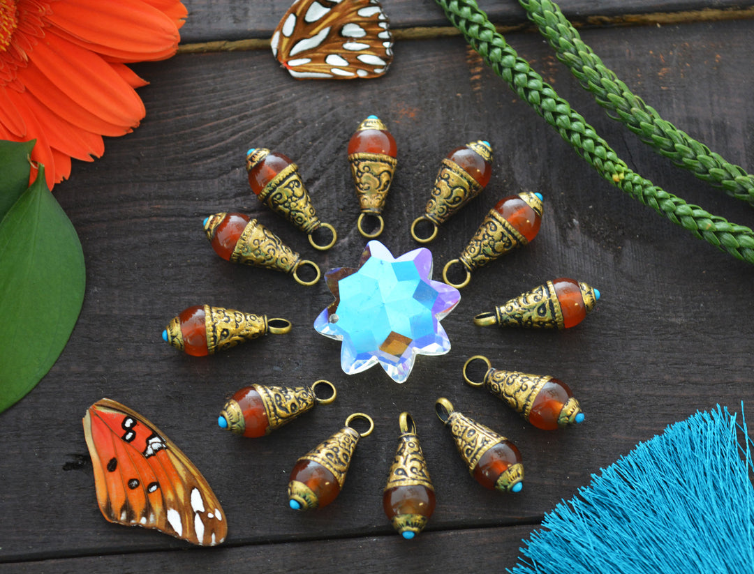 Caramel Amber Nepali Tear Drop Pendant with Brass Cap, 10x26mm, 1 piece