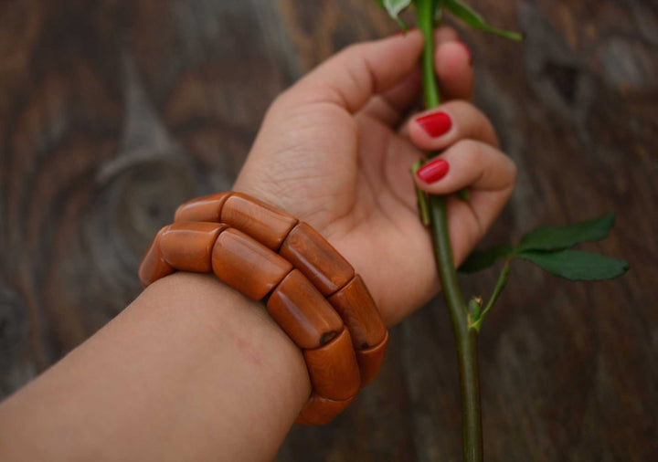 Caramel Brown River Bead Stretch Tagua Bracelet