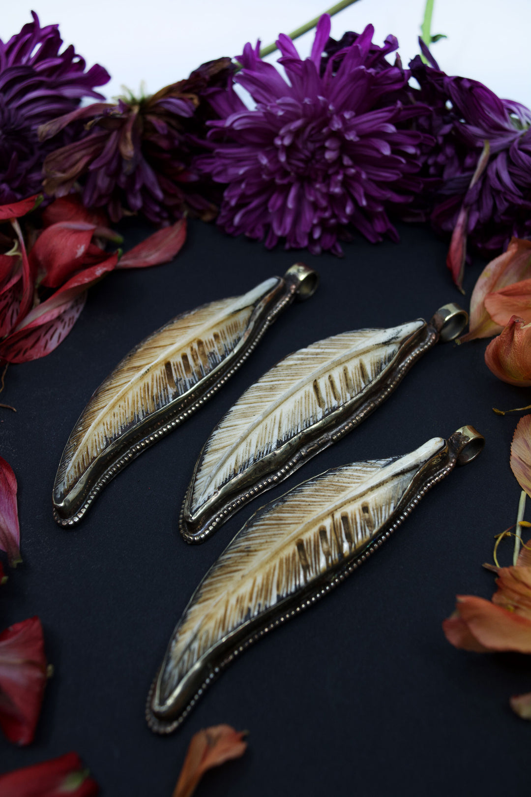 Feathers: Natural Large Carved Bone Feather Pendant, White Brass Bezel, 4", 1 piece / Nepali Jewelry, Zen, Yoga Inspired, Tribal Jewelry