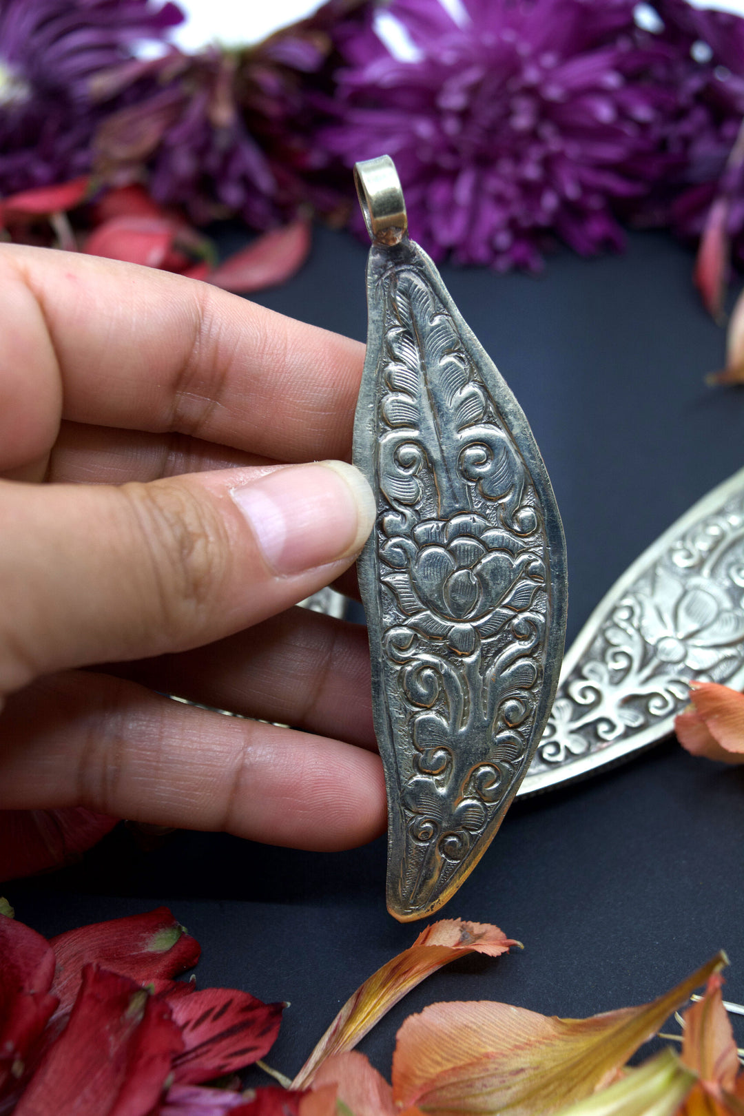 Feathers: Natural Large Carved Bone Feather Pendant, White Brass Bezel, 4", 1 piece / Nepali Jewelry, Zen, Yoga Inspired, Tribal Jewelry
