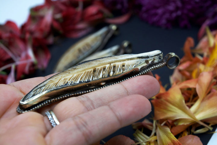 Feathers: Natural Large Carved Bone Feather Pendant, White Brass Bezel, 4", 1 piece / Nepali Jewelry, Zen, Yoga Inspired, Tribal Jewelry