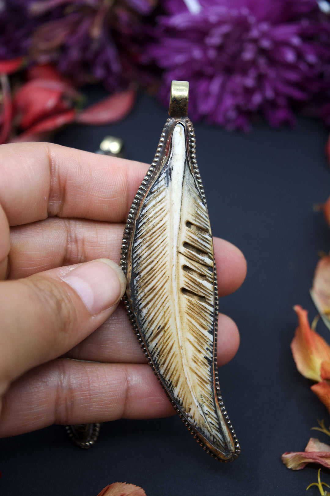 Feathers: Natural Large Carved Bone Feather Pendant, White Brass Bezel, 4", 1 piece / Nepali Jewelry, Zen, Yoga Inspired, Tribal Jewelry