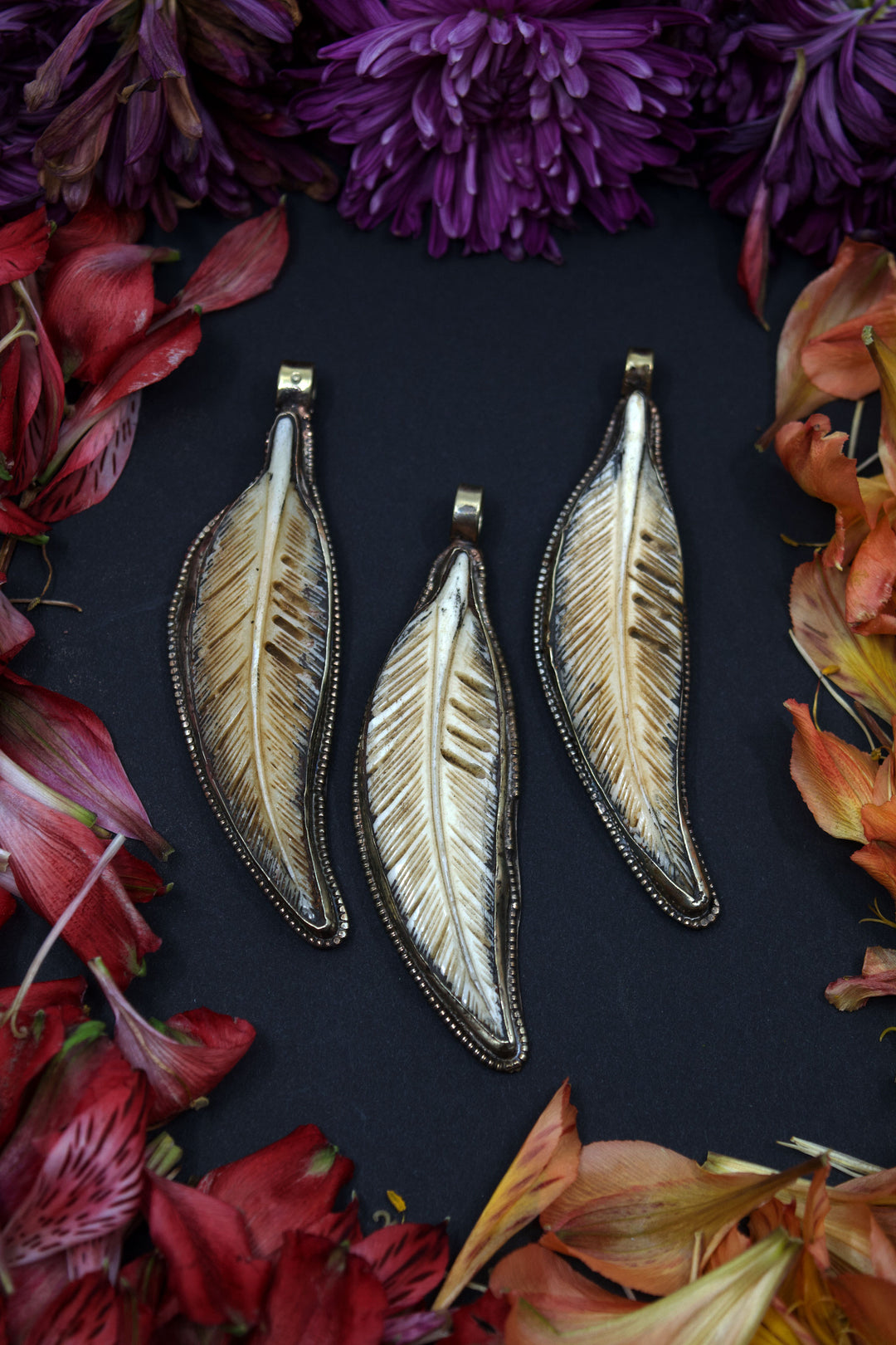 Feathers: Natural Large Carved Bone Feather Pendant, White Brass Bezel, 4", 1 piece / Nepali Jewelry, Zen, Yoga Inspired, Tribal Jewelry