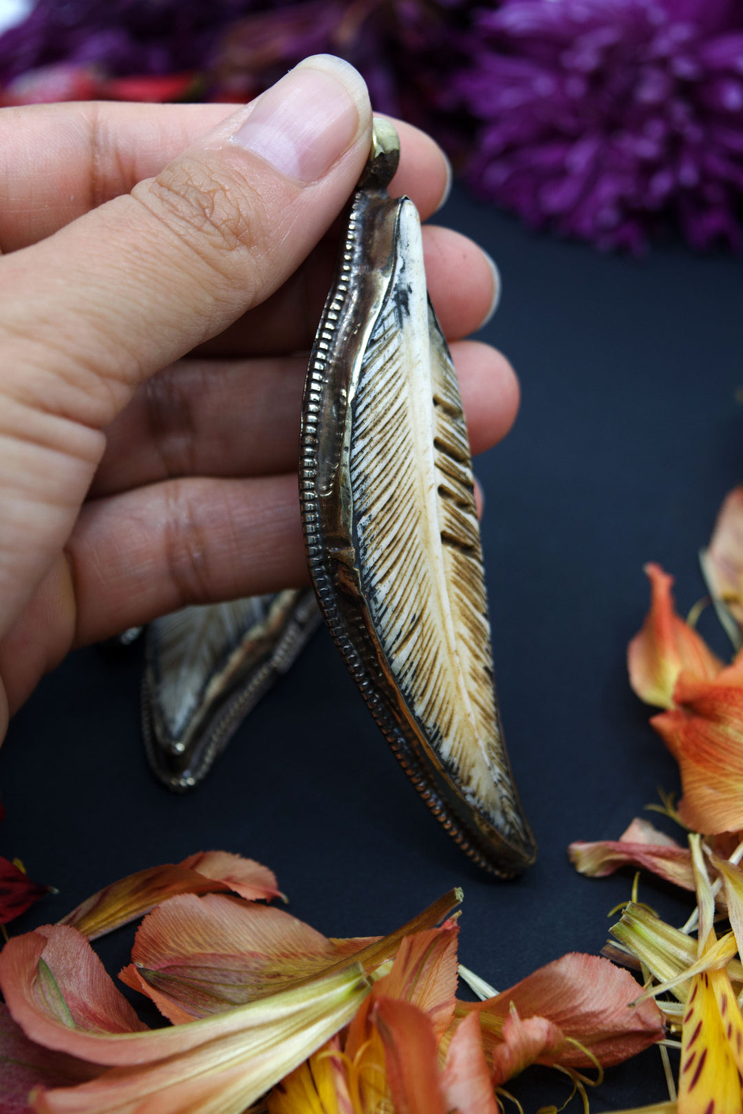Feathers: Natural Large Carved Bone Feather Pendant, White Brass Bezel, 4", 1 piece / Nepali Jewelry, Zen, Yoga Inspired, Tribal Jewelry