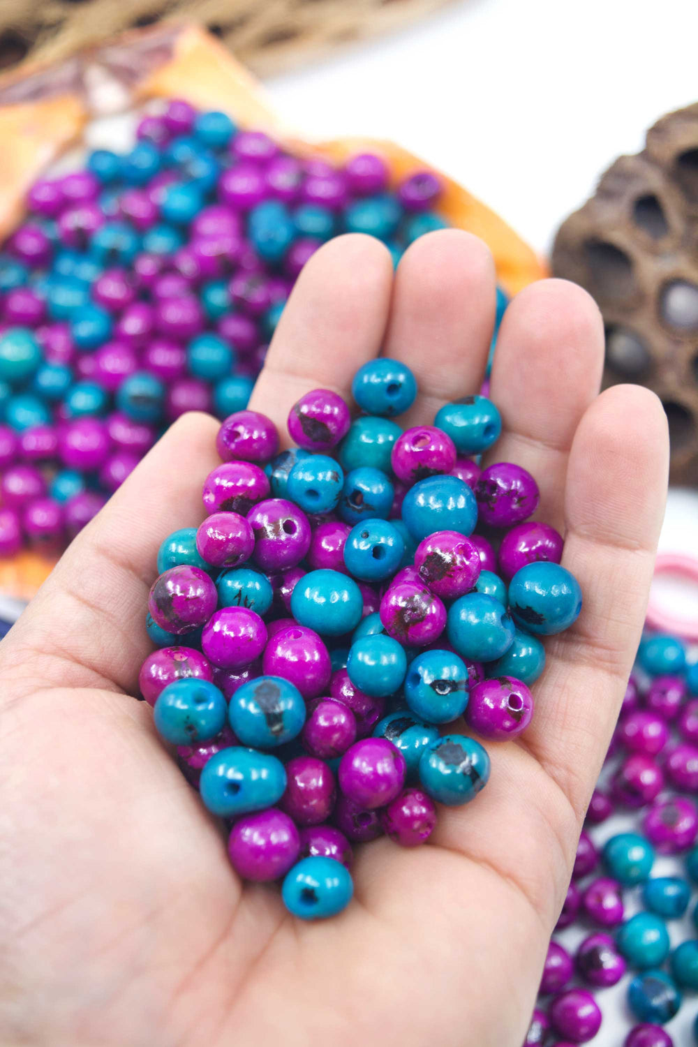 Blue and Purple Acai Beads Mix close-up showing the variance in size.