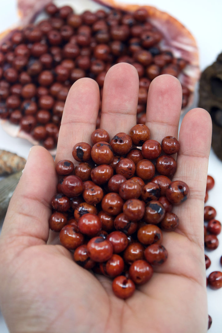 Chocolate Brown Acai Beads close-up in the hands showing the different bead sizes.