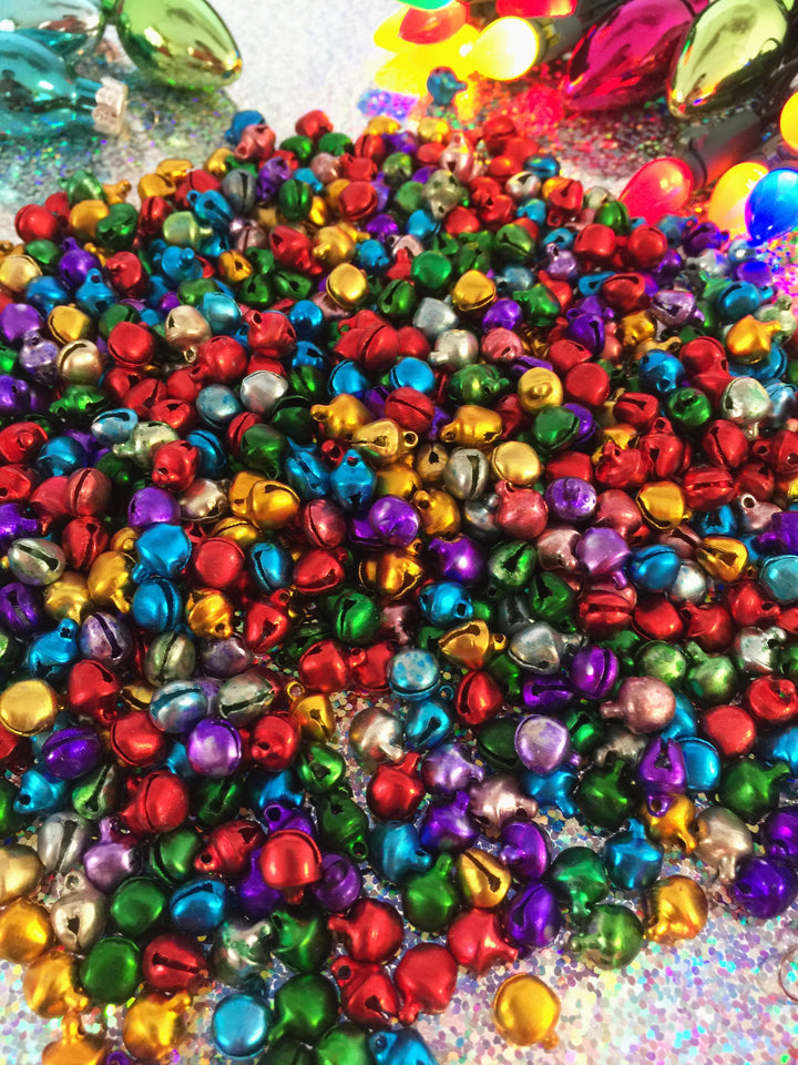Christmas Jingle Bells, Multi-Color Tiny Bells, 9x8mm, 25 pieces / Juju Bells, Magical Supplies, Jingle Bell Charms, Christmas Decor,  Jewelry Making Supplies