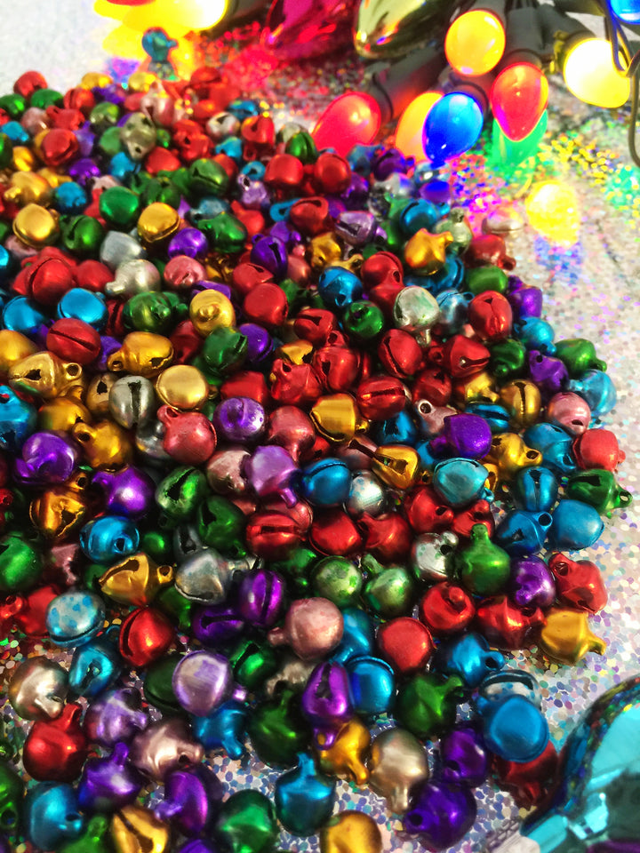 Christmas Jingle Bells, Multi-Color Tiny Bells, 9x8mm, 25 pieces / Juju Bells, Magical Supplies, Jingle Bell Charms, Christmas Decor,  Jewelry Making Supplies