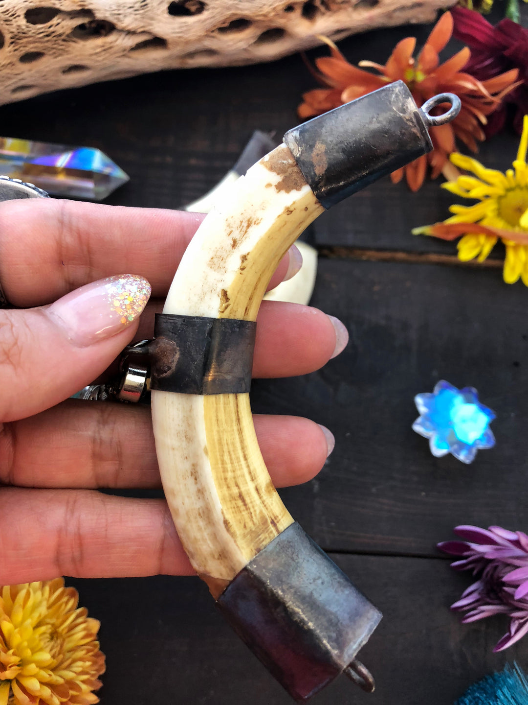 Boar Tusk Curved Pendant with Center Charm Connector, 4" x 1 pc / Jewelry Making Supplies