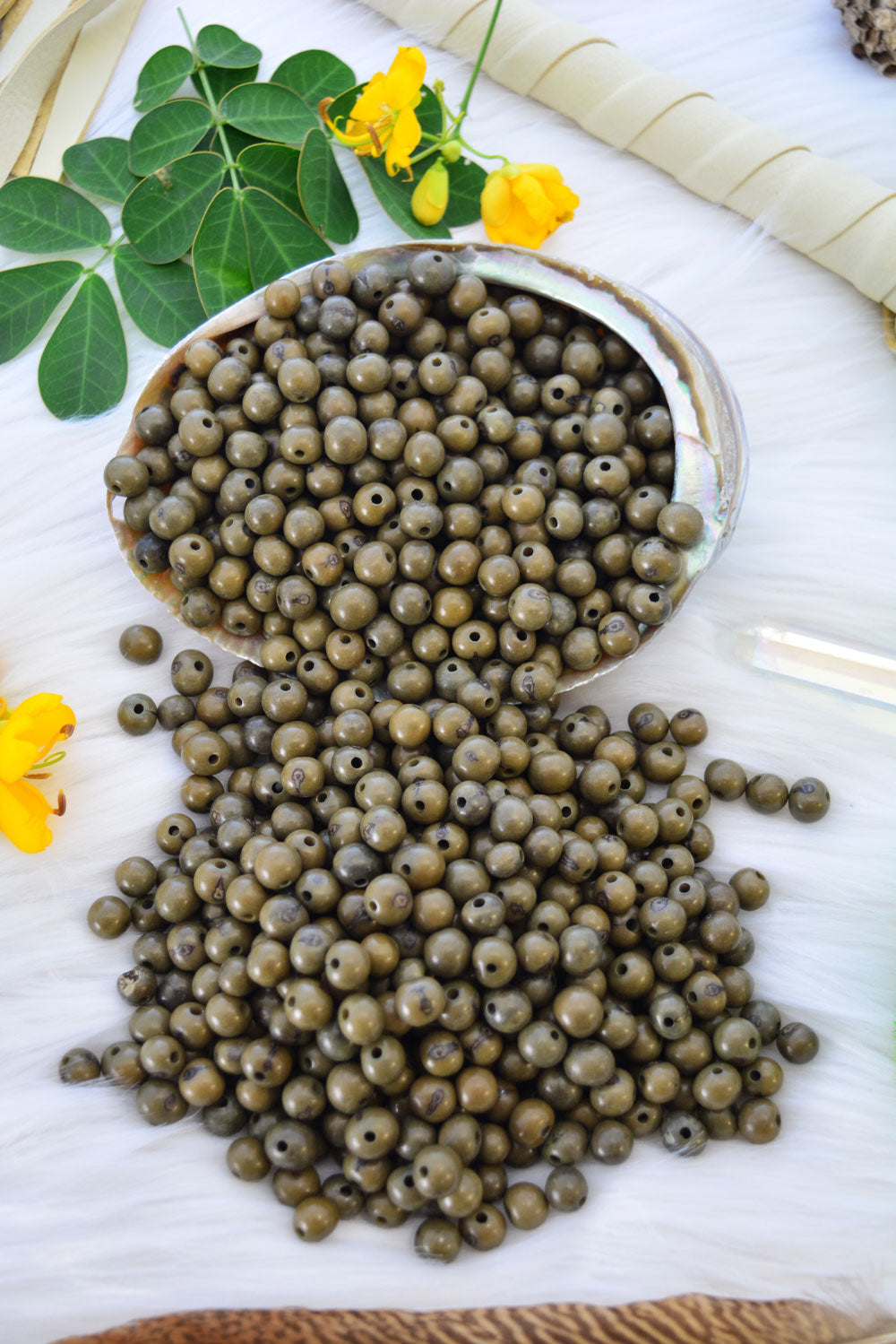 Dark Olive Green Acai Beads displayed on a white background