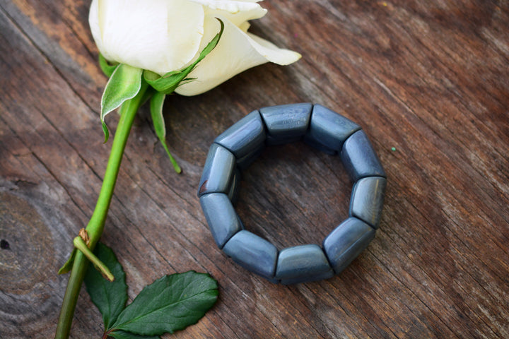 Denim Blue River Bead Stretch Tagua Bracelet