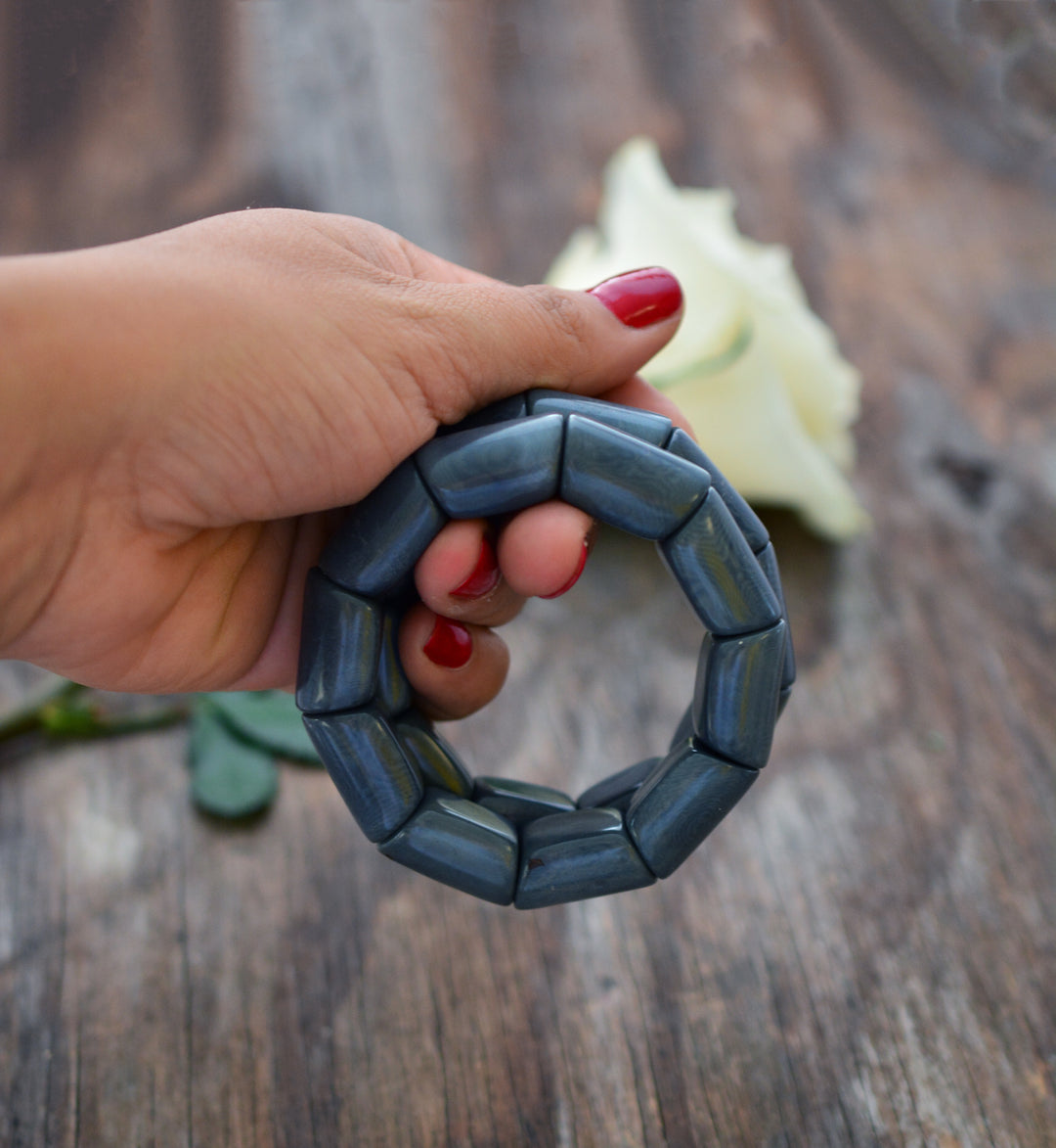Denim Blue River Bead Stretch Tagua Bracelet