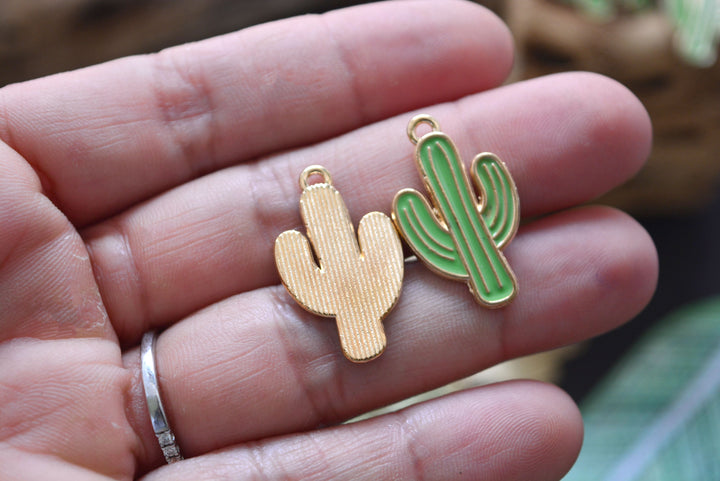 Green Saguaro Cactus Enamel Charm - 2 Pieces