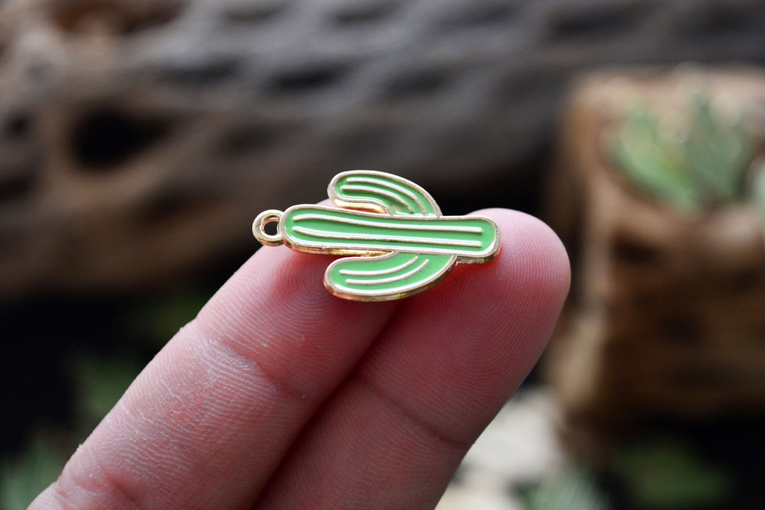 Green Saguaro Cactus Enamel Charm - 2 Pieces