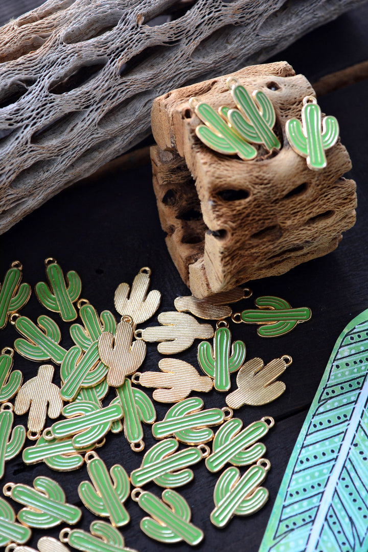 Green Saguaro Cactus Enamel Charm - 2 Pieces