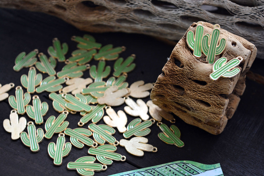 Green Saguaro Cactus Enamel Charm - 2 Pieces