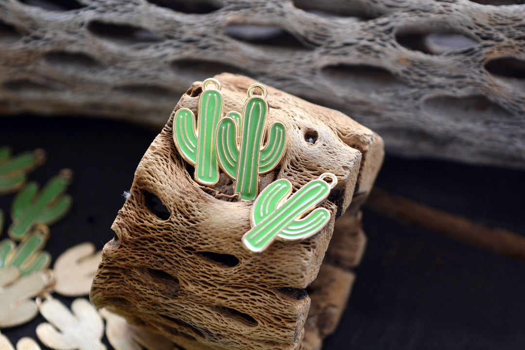 Green Saguaro Cactus Enamel Charm - 2 Pieces